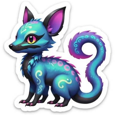 Rare neon iridescent white exotic cute epic aesthetic gothic colorful Salandit-Eevee-Civet-species-Fakemon-hybrid-creature, with intricate tattoo markings, full body sticker