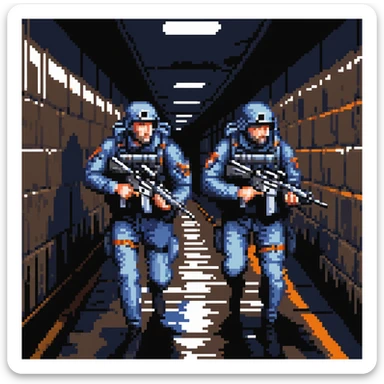 a SNES box art image of navy seals nicholas cage and sean cohnery sneaking through a dark sewer holding 2 mp5's, blue and orange color schemecutscene graphic - 3/4 side perspective sticker