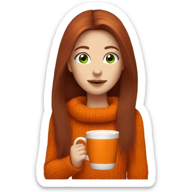 A dark redhead with straight long hair, a girl with green eyes in an orange sweater and a hot chocolate  sticker