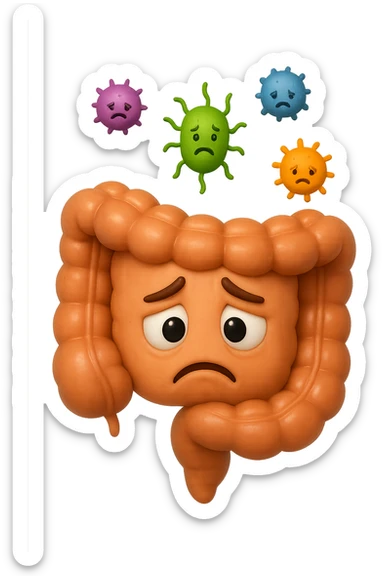 EMOJI STILE IPHONE 3D DI INTESTINO 3D CON ESPRESSIONE TRISTE  IN VOLTO MENTRE SOPRA LUI FLUTTUANO BATTERI, FAGLI ANCHE LA PARTE BIANCA DEGLI OCCHI, NON SOLO LA PUPILLA sticker