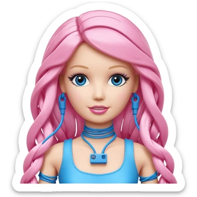 plastic barbie doll tightly bound with tangled AUX cables. sticker