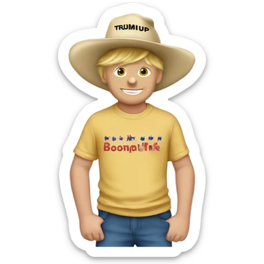 Donald Trump￼￼ with arm around boy with brown hair in a mega hat and Trump T-shirt ￼ sticker