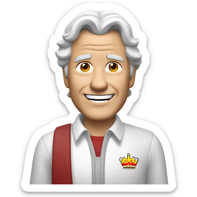 Older white guy with shoulder length grey hair wearing a white shirt and a Burger King crown smiling  sticker