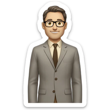 Full height Gesticulating Pale skinned fit man with dark brown hair in gray jacket, beige office shirt, brown tie, brown pants and vintage glasses. sticker