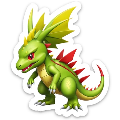 Cool cute shiny futuristic Guilmon-Flygon-Tyranitar-Digimon-hybrid-fusion, yellow belly, full body sticker