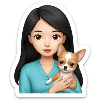 a pretty Asian girl with manicure holding a chihuahua in her, with the face of nonchalance sticker
