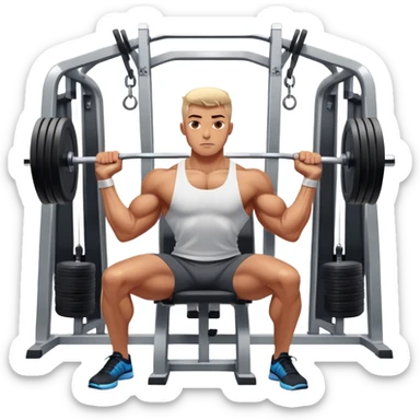 A focused athlete working out on a strength training machine in a modern gym. Muscles engaged, expression determined, demonstrating power and endurance. The gym is filled with equipment like dumbbells, barbells, and mirrors reflecting effort, creating a high-energy atmosphere. sticker