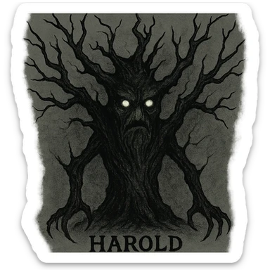 tree character named Harold inspired by Haunted Mound, dark eerie mysterious vibe, twisted branches, glowing eyes, haunting presence sticker