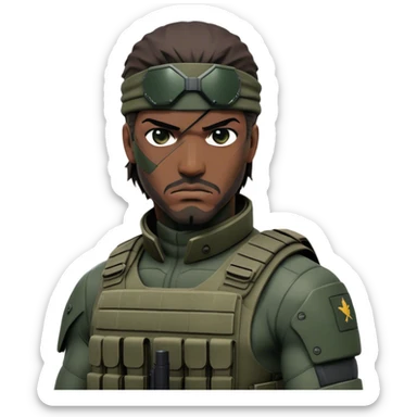 Cinematic Realistic Metal Gear Solid Snake Soldier Portrait, depicted with steely determination and tactical precision. Clad in intricately detailed combat attire in consistent muted greens, browns, and blacks, his rugged, weathered features and piercing eyes exude relentless resolve. Rendered with lifelike texture and dramatic, natural lighting, high shine, noble and stealthy, capturing the essence of a legendary soldier operating in the shadows. sticker