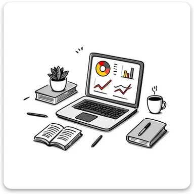 Academic research workspace with an open laptop showing data, scattered books and papers, and a pie chart and line graph. Hand-drawn doodle style with colorful data visualizations and book covers. sticker