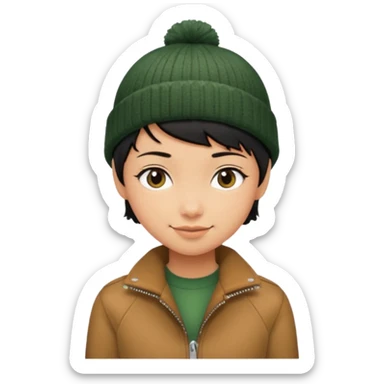 tan skin, non binary person with pixie cut black hair, wearing brown jacket and dark green beanie, shy smile  sticker