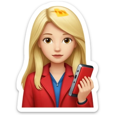 mujer  joven rubia con pelo largo y saco rojo con modem de internet y wifi con netflix sticker