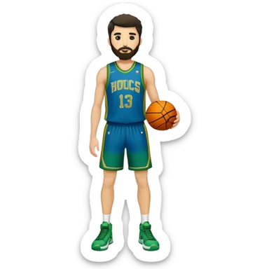 Full Body  white male basketball player with short shaggy dark hair and  close shave gold tee beard  wearing blue and green uniform sticker
