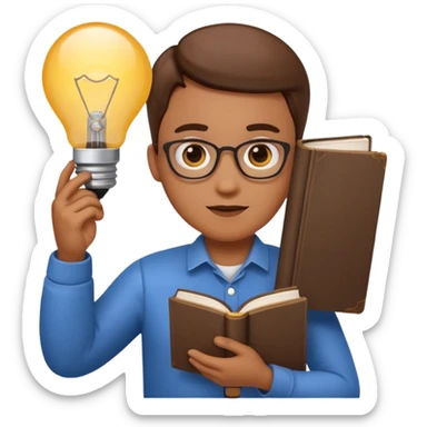 emoji style character representing a Content Expert holding a book or lightbulb sticker