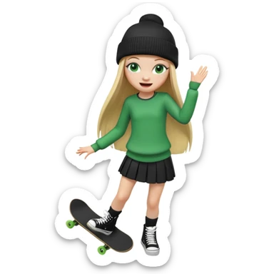 Realistic full-body 3D render of an iPhone emoji-style blonde girl with long straight hair, wearing a black beanie. She has green eyes, cute freckles, and is making a cheeky face — left eye winking, tongue sticking out playfully, wide smile. Dress her as a stylish skater girl sticker