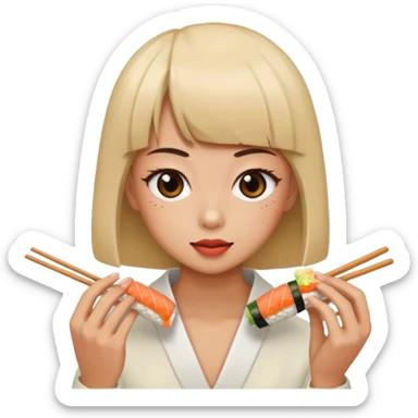 Person with back hair hair and bangs eating sushi sticker