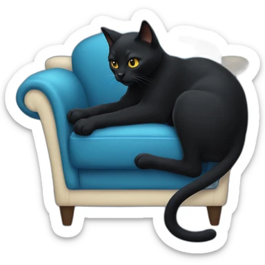 A black cat clawing at a blue sofa sticker