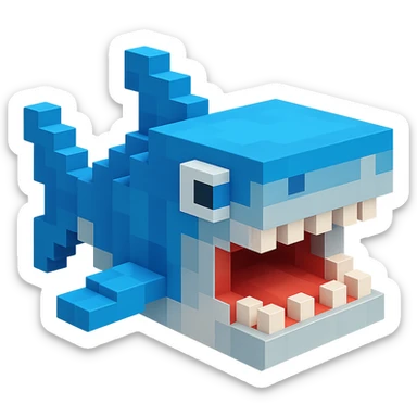 voxel style shark, open mouth, blocky, blue and silver, no background sticker