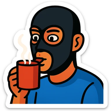 vibrant toon style man's face with a black full mask drinking coffee sticker