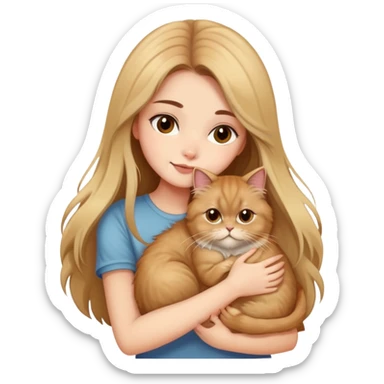 pretty girl with long brown hair, hugging her fluffy blonde persian cat sticker