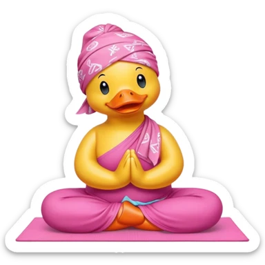 side view of yellow rubber duck with a pink bandana doing yoga while praying sticker