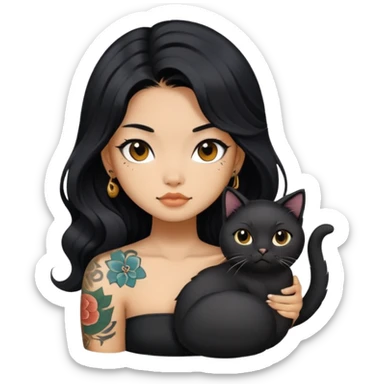 a Chinese girl with long black  Big Wave hair and tattoos and a black round faced cat sticker