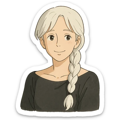 young female psychologist with white hair in a long braid, wearing a black off-shoulder top, ghibli style, gentle and warm expression sticker