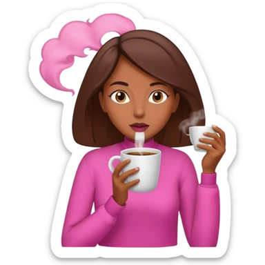 Mulher morena tomando café  com roupa rosa esfriando o café  sticker