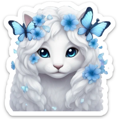 Edgy Cute Cool Kawaii gorgeous sparkly ethereal white fantasy animal with blue eyes sona with flowers and butterflies beautiful aesthetic sticker