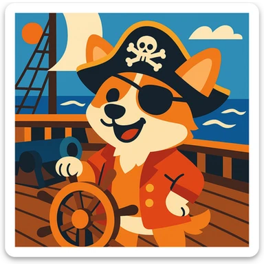 cartoon pirate corgi with an eyepatch and pirate hat on a pirate ship sticker