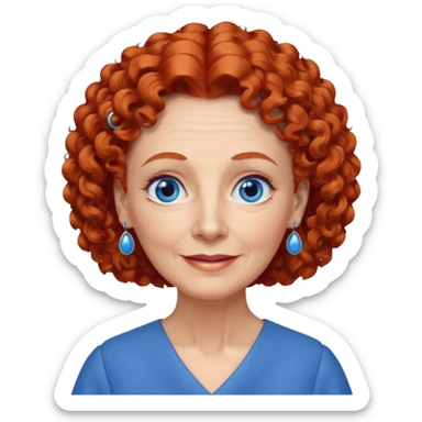 una profesora mayor simpática con el pelo rojo rizado, ojos azules, vestido azul y pendientes azules hablando sticker