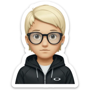 un emoji de un chico emcapuchado blanco con luzes negras e rubias, com uma chaqueta negra nike tech y unas gafas de oakley, con pendientes de diamante, que las gafas sean estilo cuadradas, los pendientes q no se cuelguen, que sean redondos, en las dos cejas un corte, que las gafas no sean circulares sticker