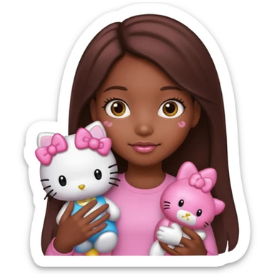 black girl with long brown hair holding a hello kitty sticker
