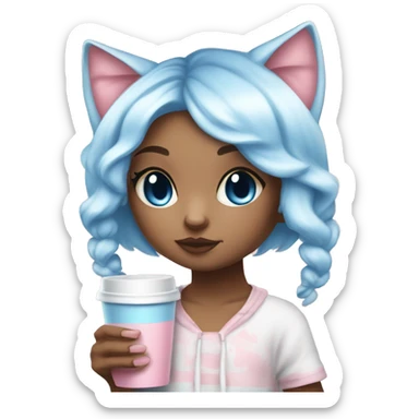 CHIBI CAT BABY BLUE AND BABY PINK SHOR HAIR GIRL WITH ONE EYE BLUE AND THE OTHER WHITE. ALSO SHE IS SIPPING A CUP sticker