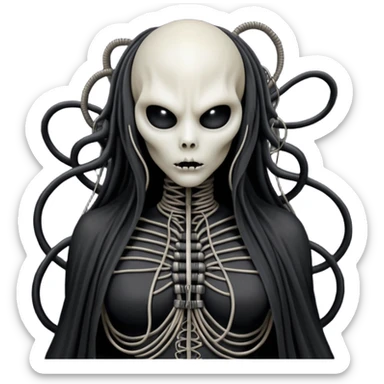 organic black wires merging into a monstrous creature, draped in black rags and bondage, Giger-esque sticker