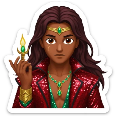 Samael, Poison of God from Gods and Goddesses with tan skin, long dark brown hair, dark red sequin outfit sticker