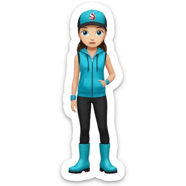 A landscaper in a beautiful turquoise hoody and turquoise rubber boots, black pants, and a black sleeveless shirt. On her head is a black color Swissotel baseball cap. The girl is a brunette with blue eyes. sticker