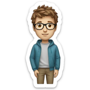Profile white male heart face messy brown short tapered hair with clear plastic glasses and hoodie sticker