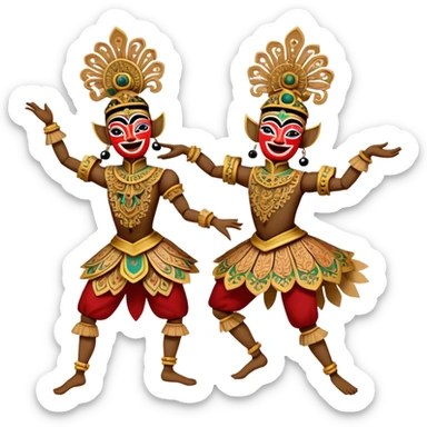 ​Cinematic Realistic Wayang Golek Ayun-ayun Dancers, depicted as intricately carved traditional wooden puppets in dynamic dance poses, adorned with vibrant painted details and expressive features, set against a softly lit stage that evokes centuries of Indonesian cultural heritage, rendered with lifelike textures and dramatic atmospheric lighting, sticker