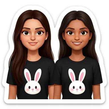 two identical friend. both have natural makeup look. No smile lines, make the bunnies kawaii and the shirt black. Both have matching bunny shirts and have PIN STRAIGHT HAIR One has super long dark brown hair that goes to waist, one has long hair that is also dark brown. They both have Indian skin sticker