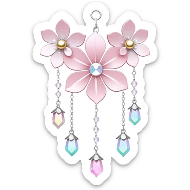 Hanging Iridescent pastel pink sakura crystals white-pearly suncatcher with bells sticker