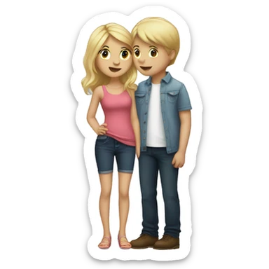 short girl with blonde hair kissing tall boy with blonde hair (names mila and will) with a heart sticker