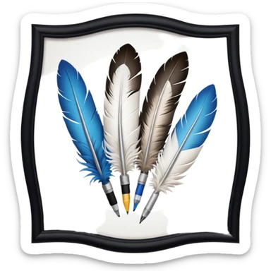 Prends la 1ere image avec les 3 plumes blanches et les stylos et ajoute en dessous le logo de largus sticker