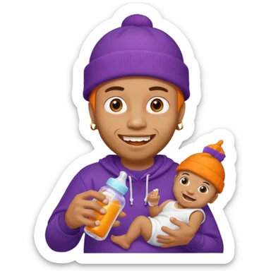 guy with orange beanie with gold teeth grillz holging a baby bottle with purple liquid sticker
