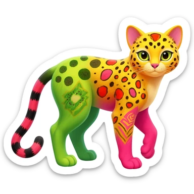 Colorful cute adorable tropical exotic fruity kiwi-green lemony rosy neon-red Caracal-Cheetah-Civet-Trico-fusion-hybrid-animal-creature, full body, with tribal tattoos sticker