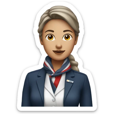 Flight attendant woman with a white shirt and a grey shirt. The scarf is dark blue with a white and red stripe at the end sticker