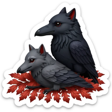 A raven and a wolf curled together with Weirwood leaves beneath them  sticker