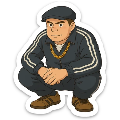 ghibli style Russian gangster squatting, wearing a tracksuit and gold chain sticker