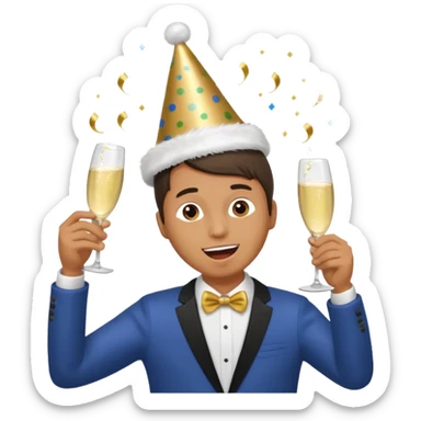 An energetic man throws his head back, drinking champagne loudly as the New Year begins. sticker