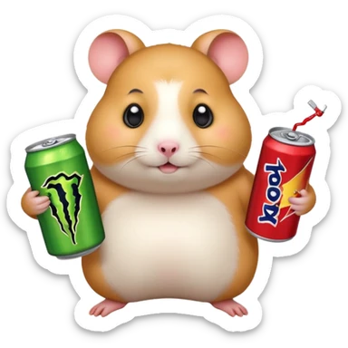 Funny cartoon-style fat hamster with big wide eyes  holding a can of monster energy in one hand and redbull in the other hand sticker